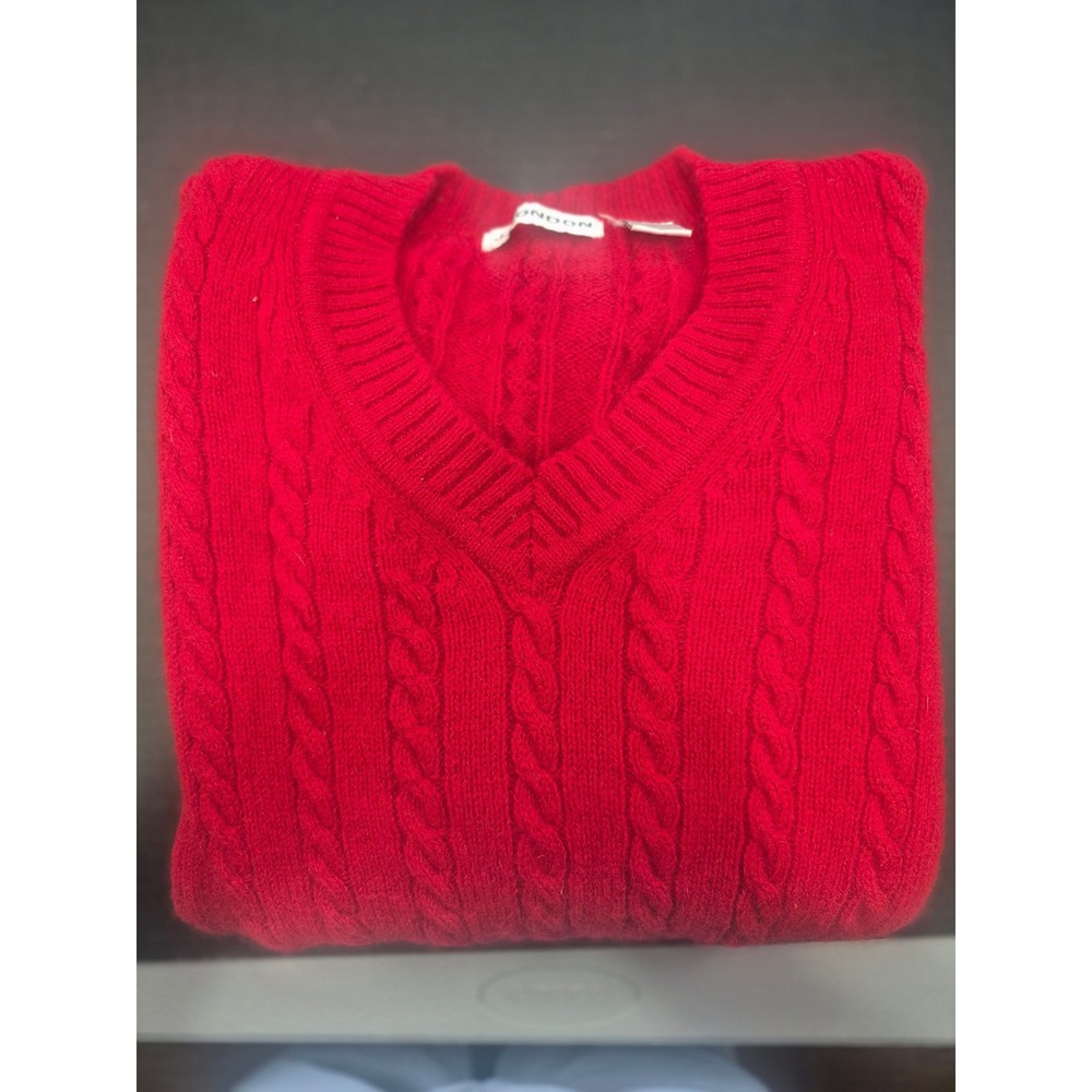 J. London Red 100% Wool Cable Knit V-Neck Pullover Sweater Mens Large